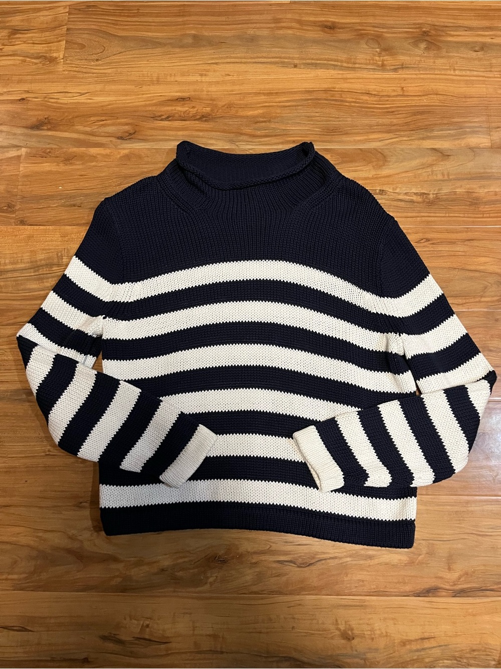 NEW J. Crew Always Navy Blue White Nautical Stripe 100% Cotton Roll Neck Sweater
